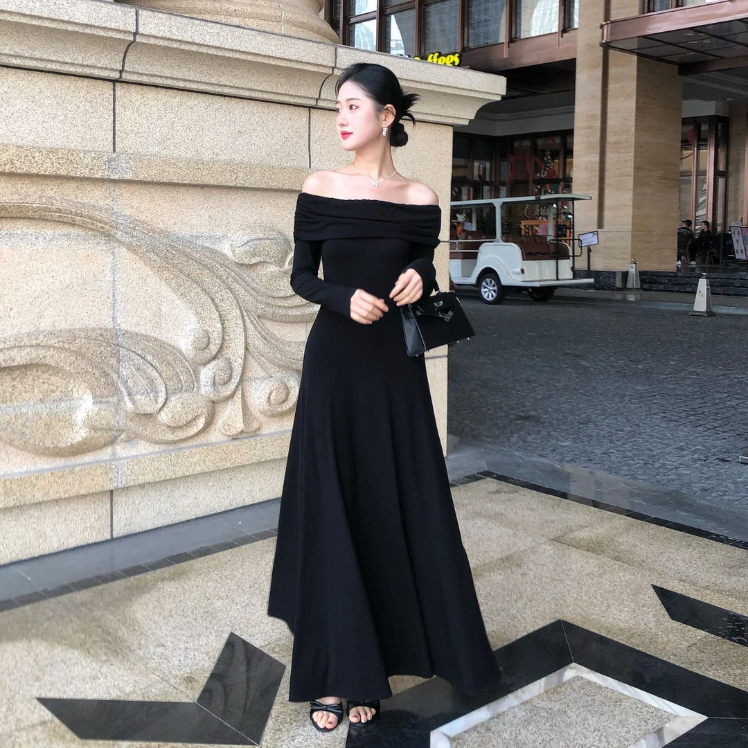 黑色高级感露肩一字领长裙法式复古赫本风气质修身显瘦连衣裙A摆