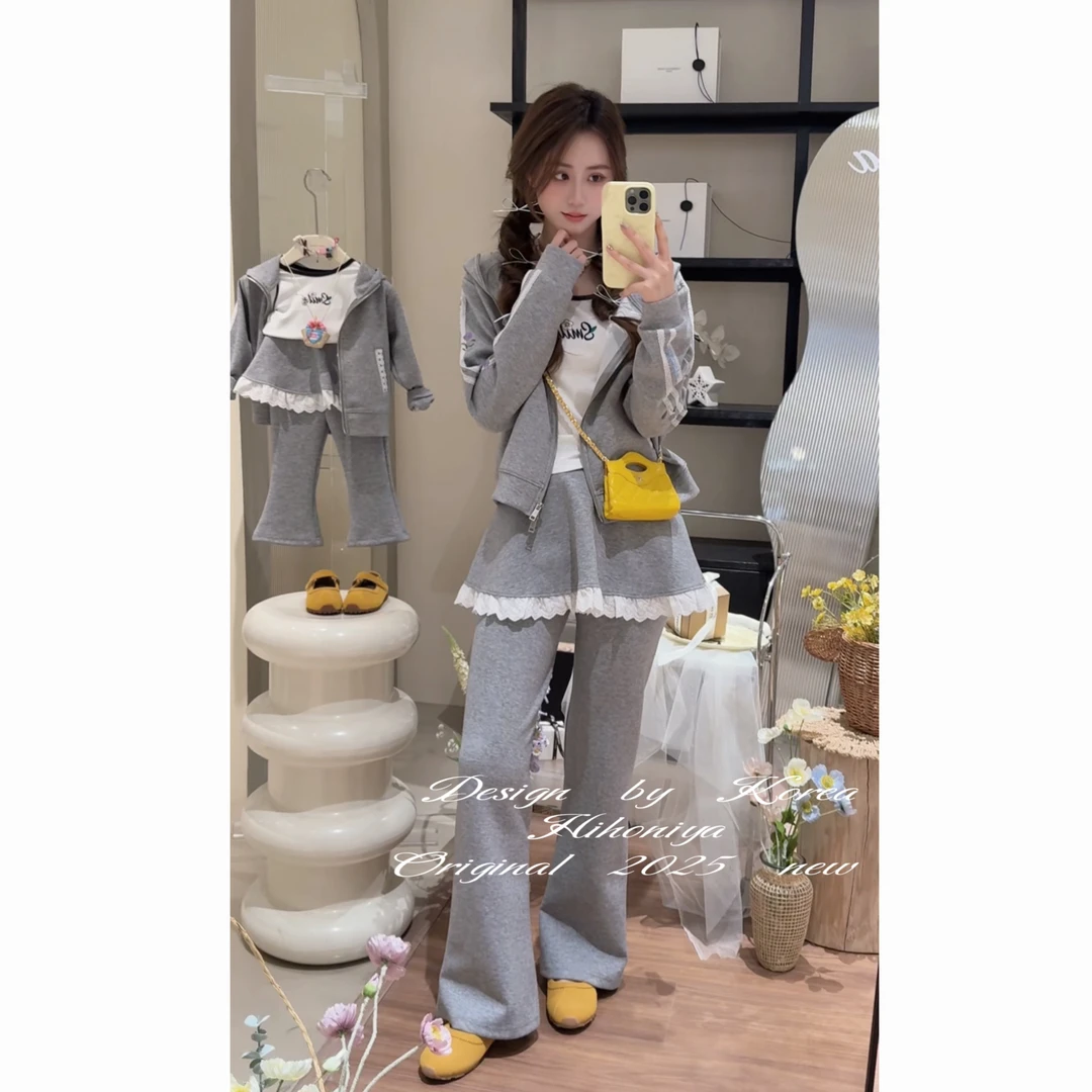【糖水日记】三Hihoniya~2025春季欧若风亲子纯色蕾丝边连帽套装