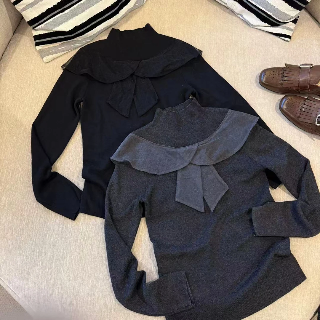 米可/MK-2971XX【蝴蝶结网纱拼接长袖针织衫】时尚秋季新款针织衫