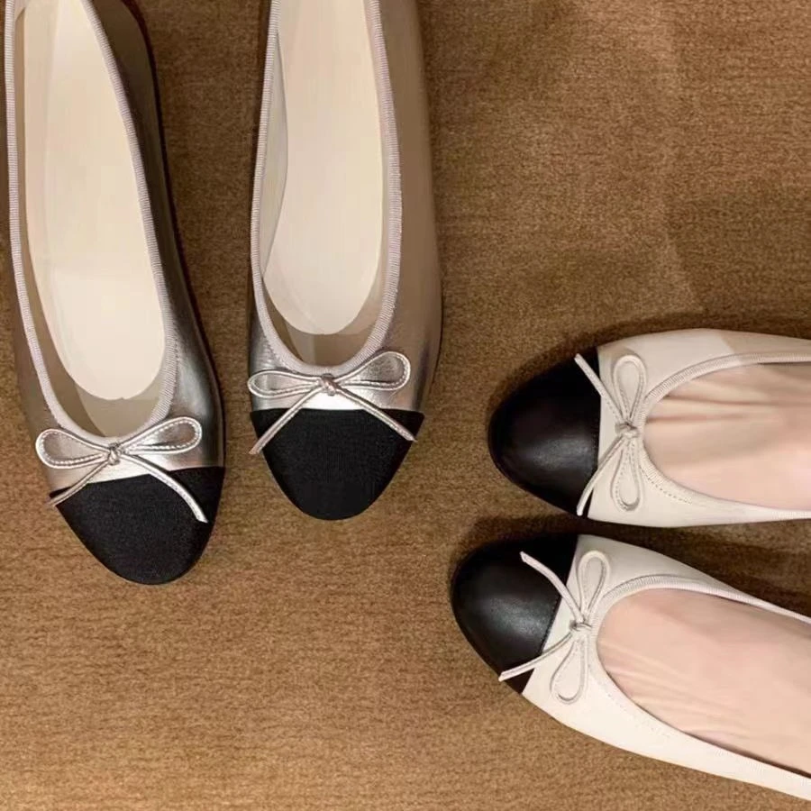 法式小香风2025新款芭蕾平底鞋拼色蝴蝶结圆头浅口奶奶鞋瓢优雅鞋