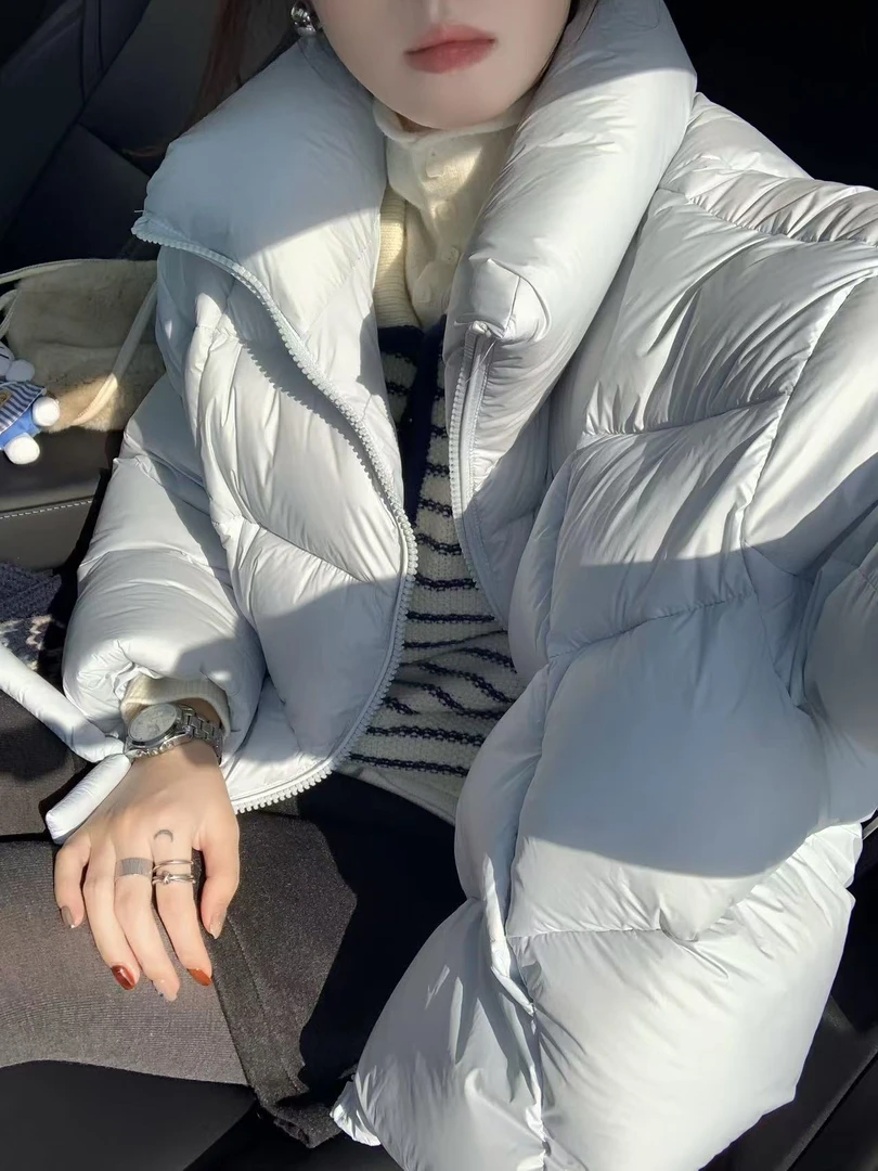 蓝色立领棉服女冬季2025新款泡芙云朵短款棉衣外套百搭半裙两件套