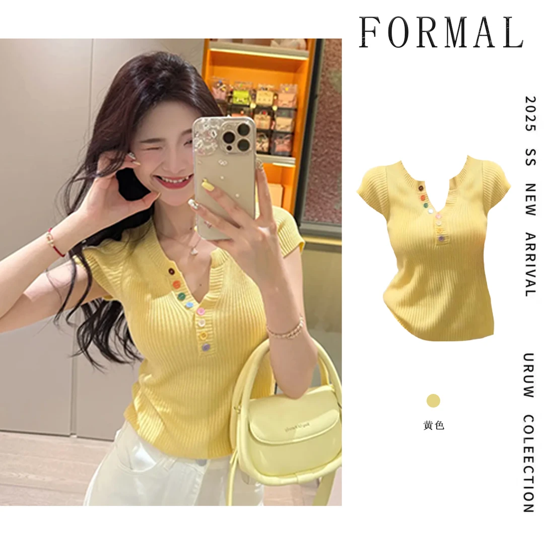 韩版彩色纽扣V领小香风针织衫女2025夏新款减龄时尚别致显瘦上衣