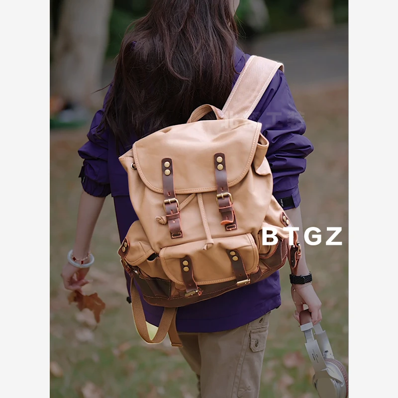 BEITAN/户外背包美式复古工装风男女旅行电脑双肩包防水油蜡帆布