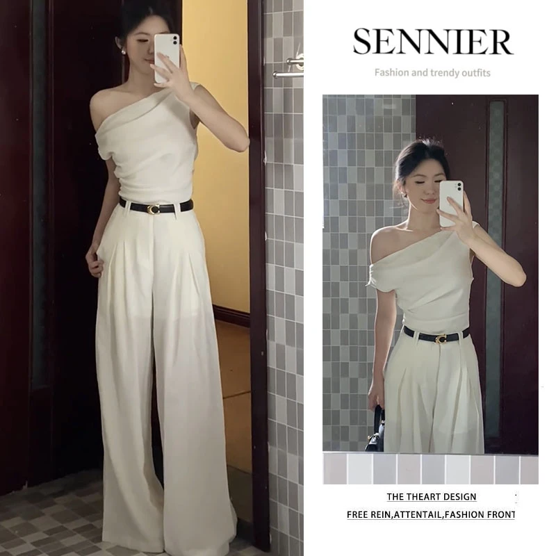 夏季一整套女装2025新款韩版气质通勤显瘦短袖上衣阔腿裤两件套装