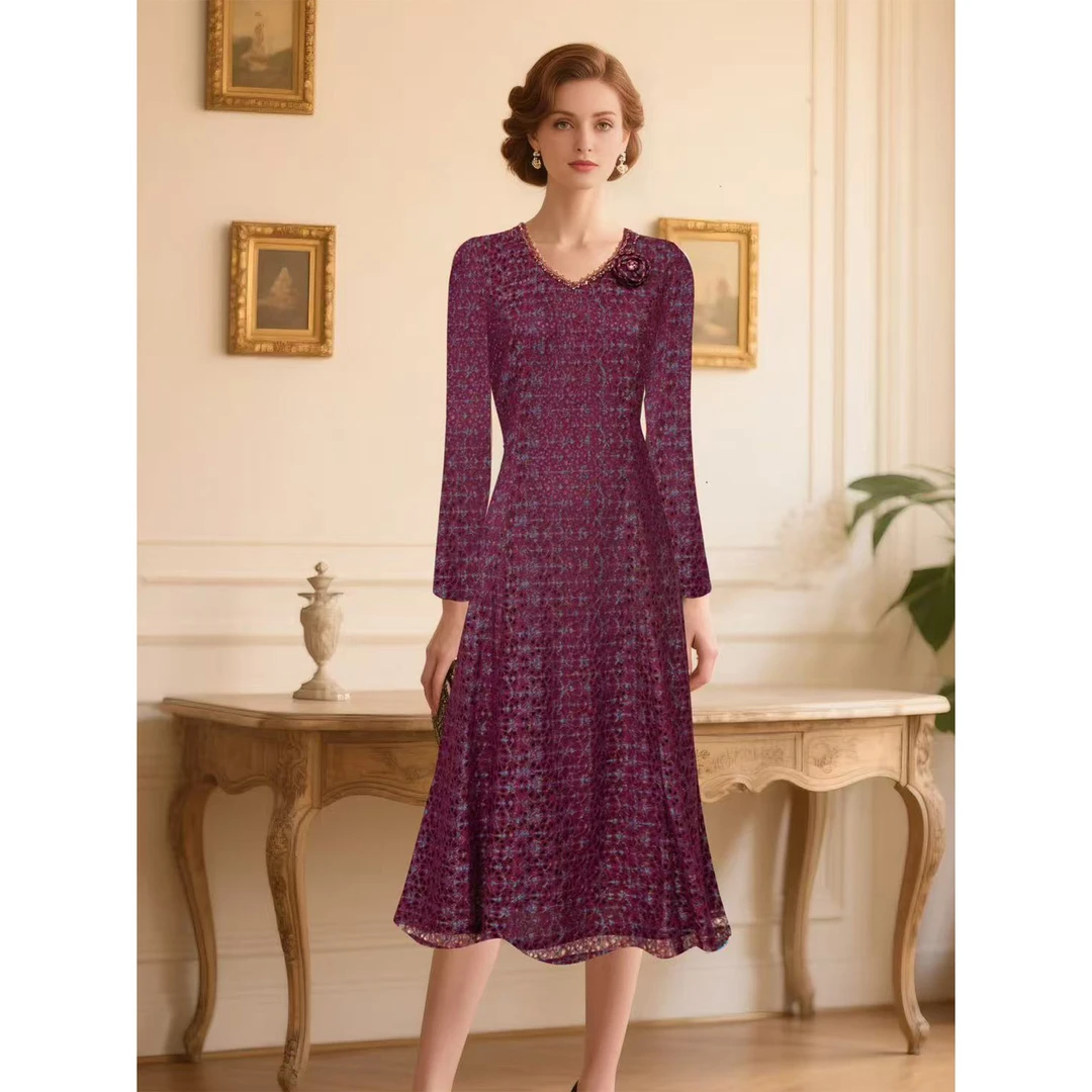 秋季新款红色长袖气质连衣裙裙子喜妈妈喜婆婆高档V领-68326