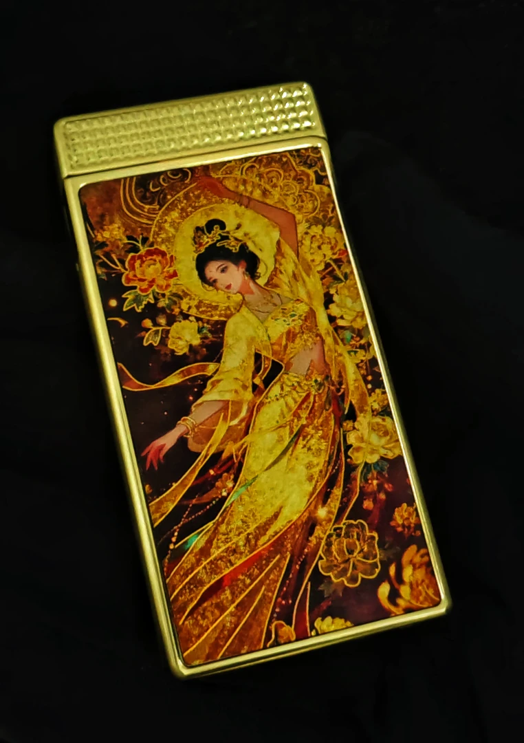 香港卡缇CATI正品敦煌飞天超薄扇形蓝焰鎏金描边防风打火机高档