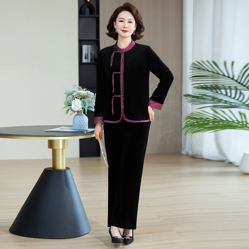 中老年女装高端套装时尚新中式女金丝绒流苏遮肉显瘦盘扣复古洋气
