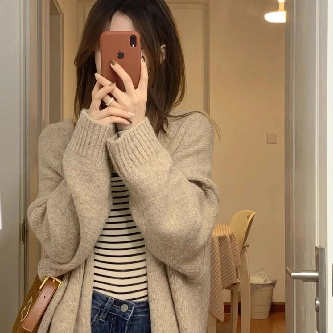 2025春新款女装百搭纯色针织开衫中长款东大门慵懒风秋冬毛衣外套