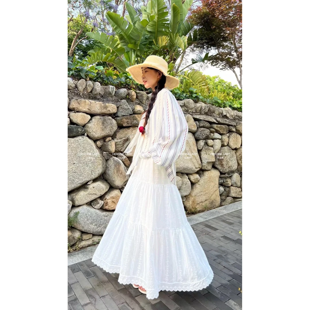 【我的半裙之白蕾丝】HL夏季棉布刺绣松紧腰半身裙宽松白色百搭