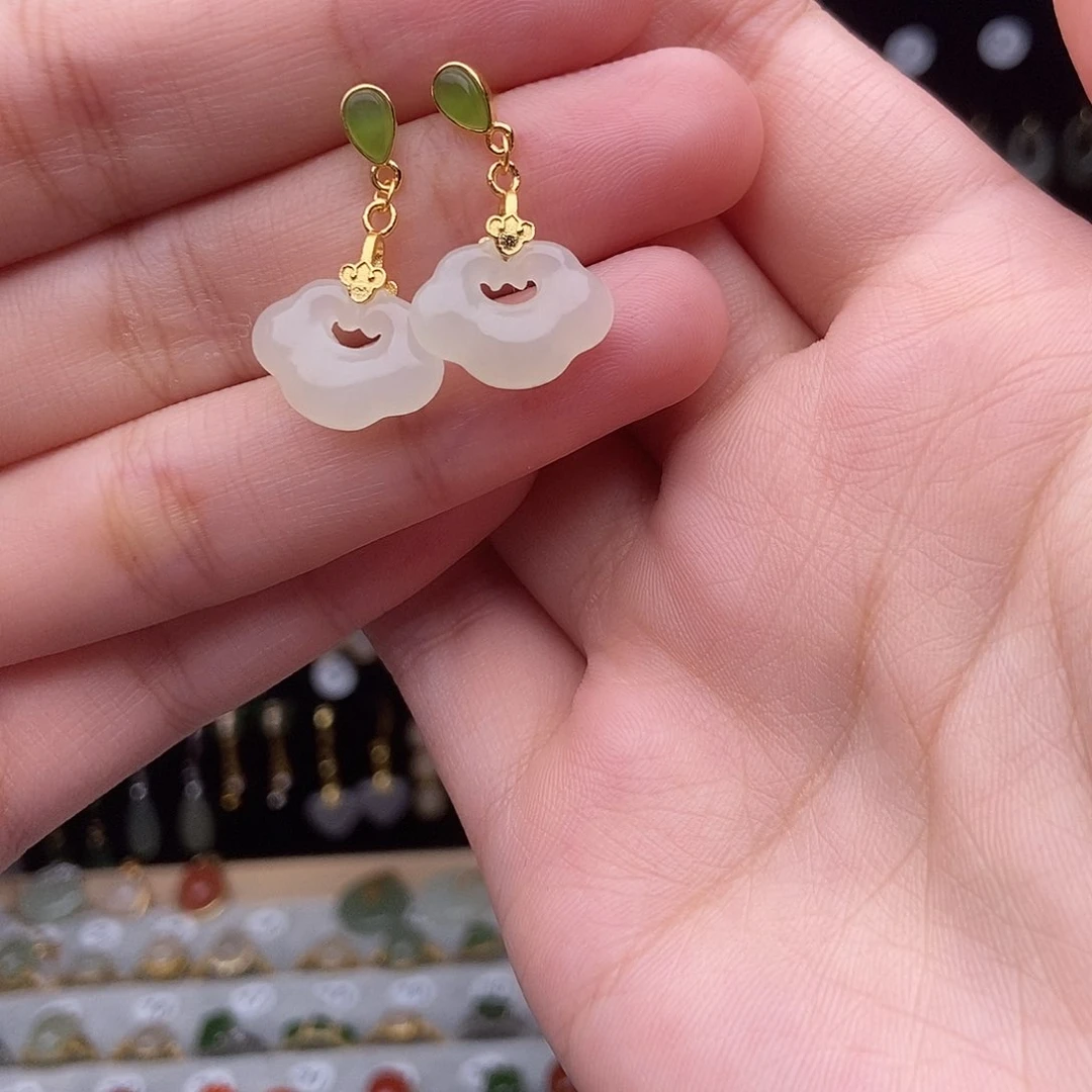 和田玉（碧玉）银S925镀金镶嵌耳饰