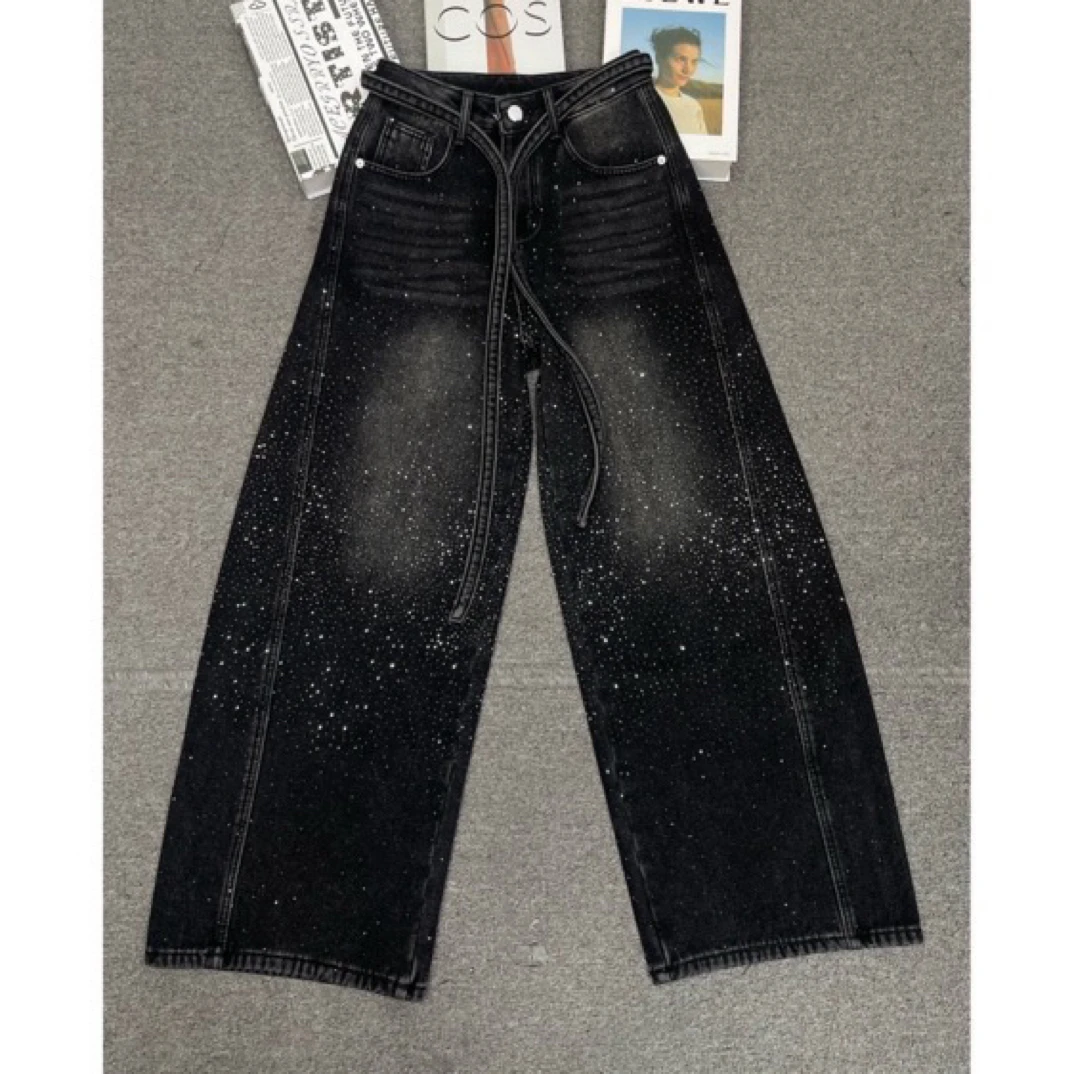 伊伊. （钻石黑牛）高货秋冬款加绒满天星烫钻高腰阔腿牛仔裤显瘦百