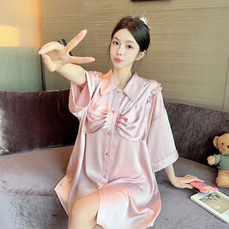 M017新款春夏女甜美可爱高级感仙女风睡裙缎面薄款透气衬衫裙