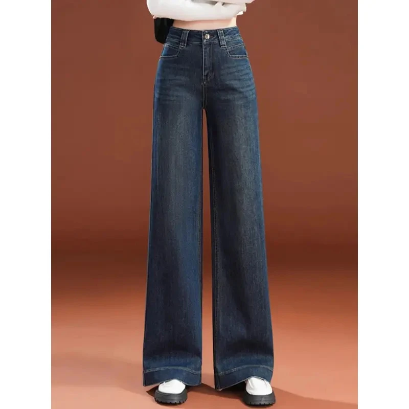 复古蓝牛仔阔腿裤女士2025年春秋冬季新款高腰加绒加厚直筒大脚裤