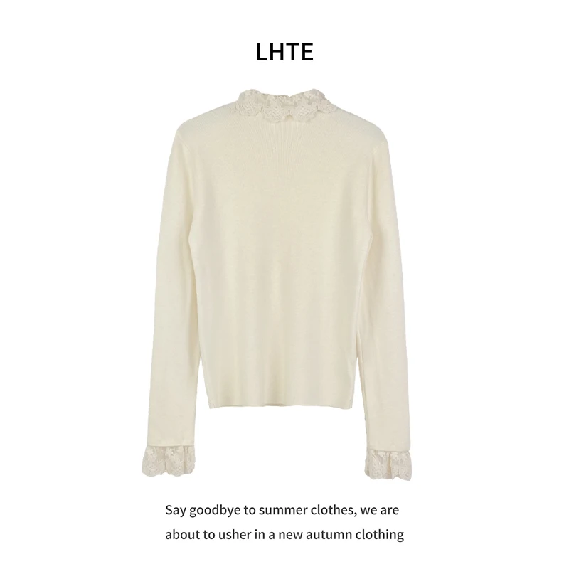 青青大码女装杏色蕾丝边半高领针织打底衫内搭毛衣女秋冬季C2233