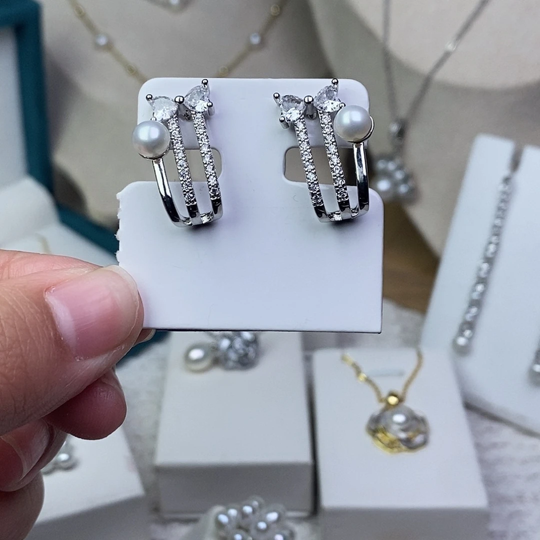 耳饰银S925镶嵌淡水珍珠