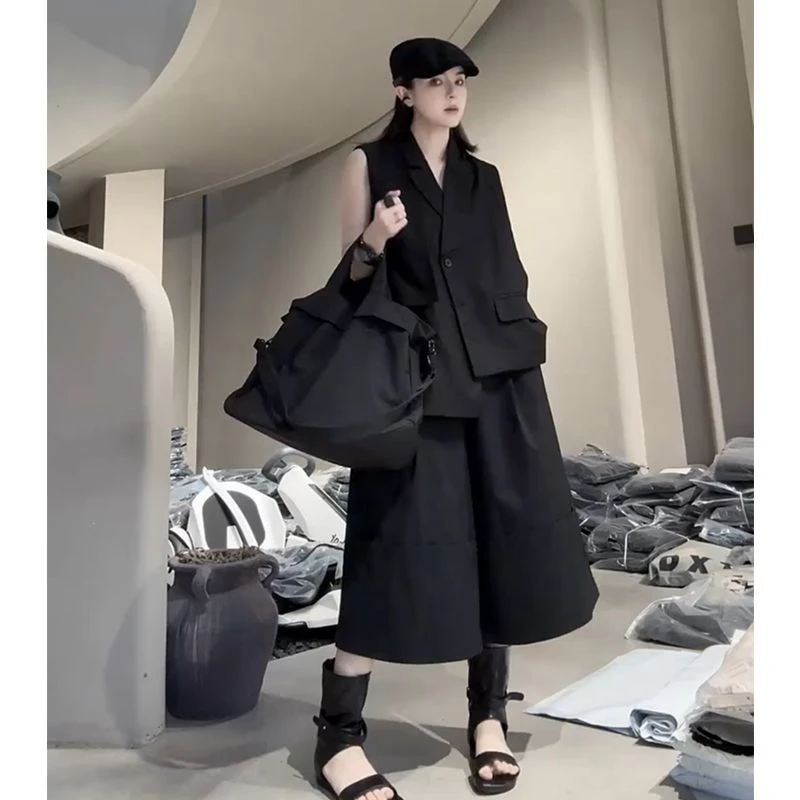 欧洲站2025夏季新款韩版百搭显瘦西装领马甲高腰纯色阔腿裤两件套