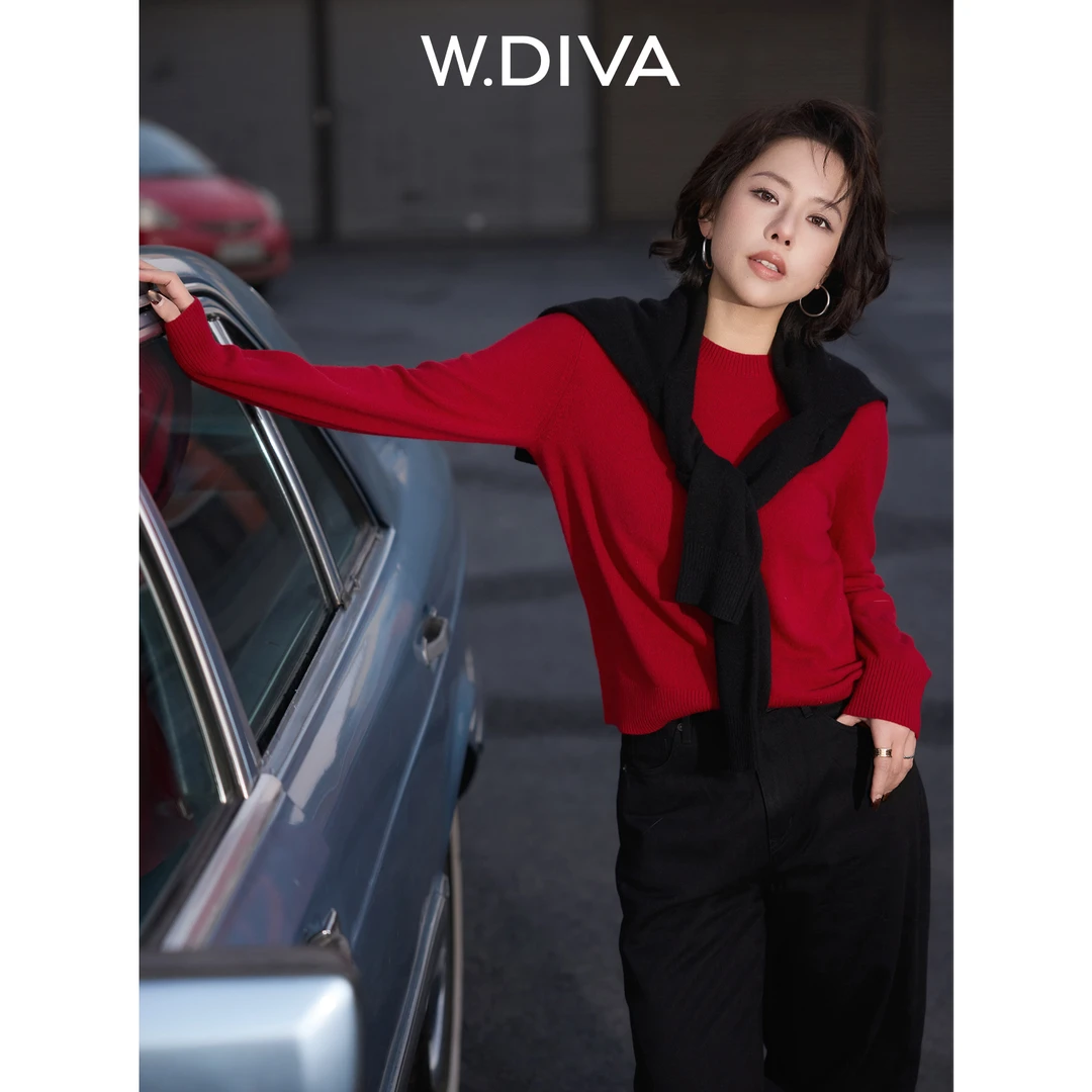 W.Diva【余温】康赛妮100%山羊绒百搭罗纹圆领毛衣DWZWSD0326