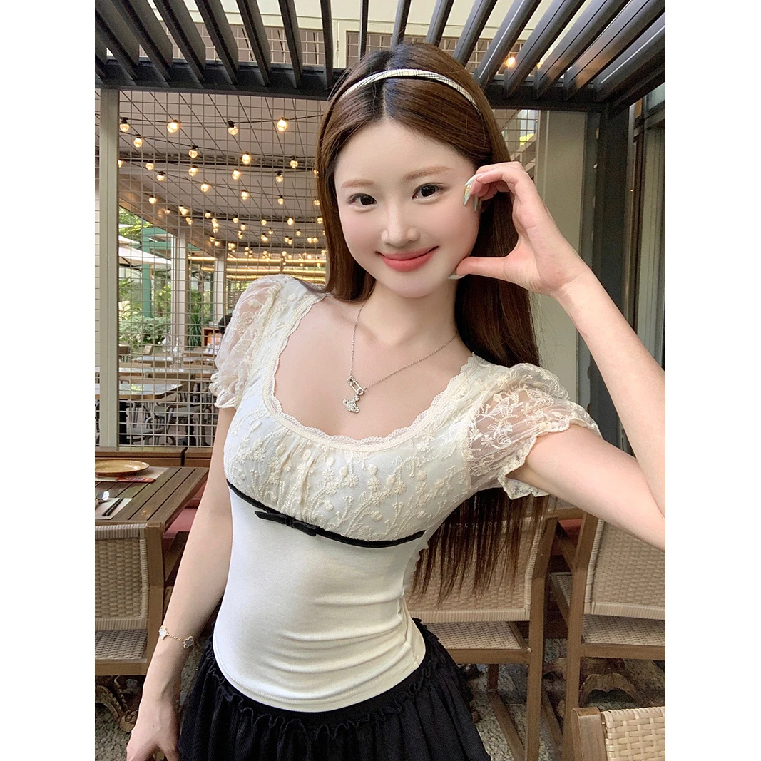 法式蕾丝拼接蝴蝶结方领短袖t恤女夏季纯欲风修身显瘦泡泡袖上衣