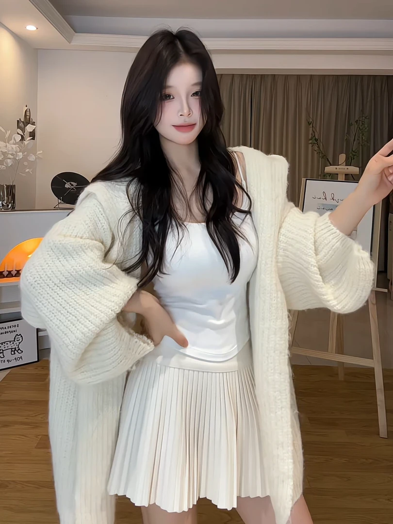 秋冬慵懒软糯连帽毛衣外套女2025韩系宽松中长款针织开衫厚WH