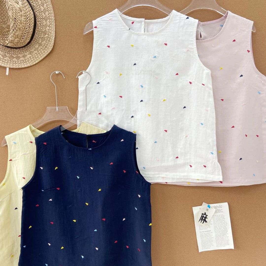 五哥外贸[彩点亚麻背心背心]时尚百搭显瘦夏季休闲新款女