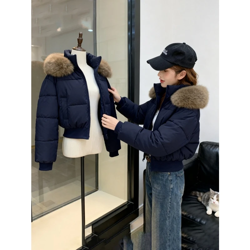 收腰藏青色棉服女短款小个子2025冬季新款大毛领面包服加厚外套女