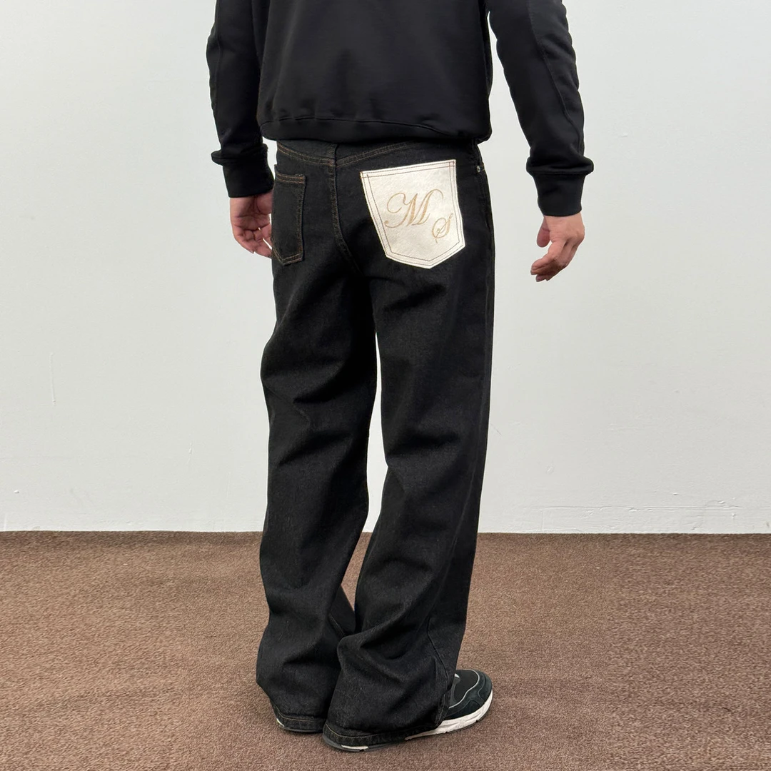 马毛冈山原牛美式复古弯刀原色水洗牛仔裤男直筒baggy休闲长裤子