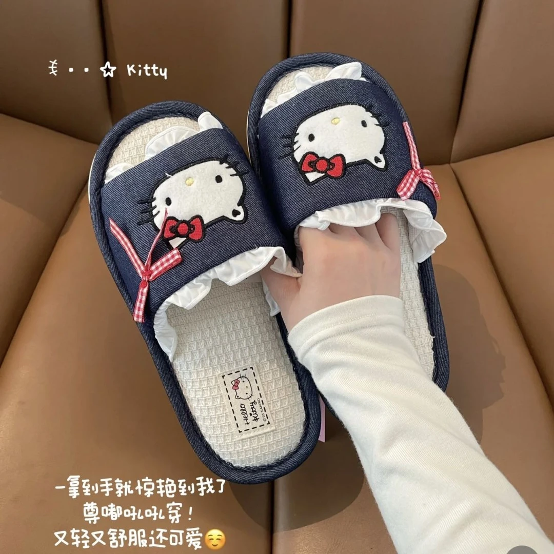 hellokitty亚麻拖鞋家居室内可爱厚底防滑凉拖宿舍防臭四季款FFV