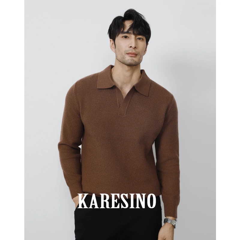 KARESINO秋冬保暖重磅线衣男士休闲百搭翻领套头针织毛衣男羊毛衫
