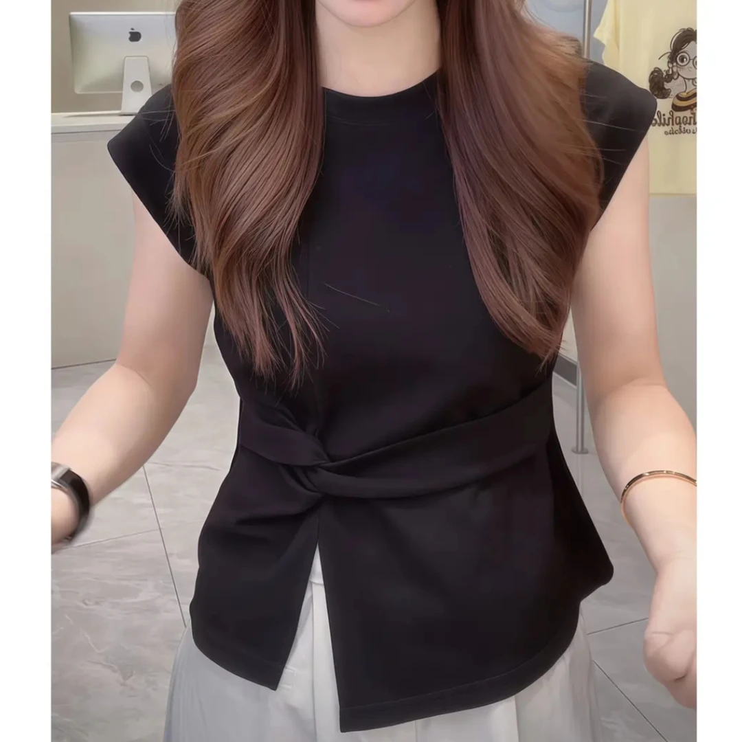 修身简约设计感圆领T恤腰开叉2025夏季短袖显瘦气质时尚百搭上衣