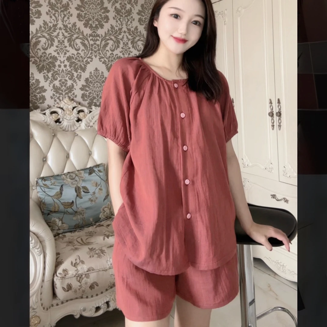 短袖夏季薄款透气睡衣家居服套装时尚大码简约上衣