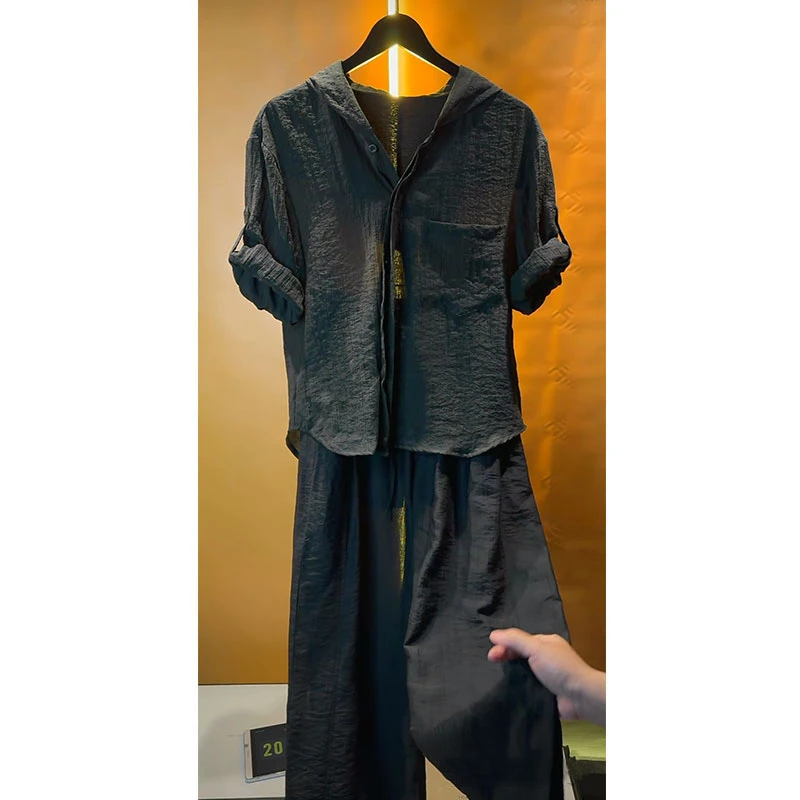 欧货轻奢高定潮牌男士套装2025夏季新款老钱风连帽上衣长裤两件套