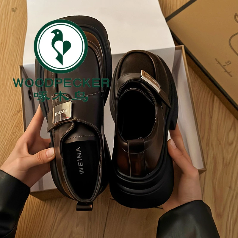 啄木鸟厚底小皮鞋女2025秋季新款百搭英伦风乐福松糕增高复古单鞋