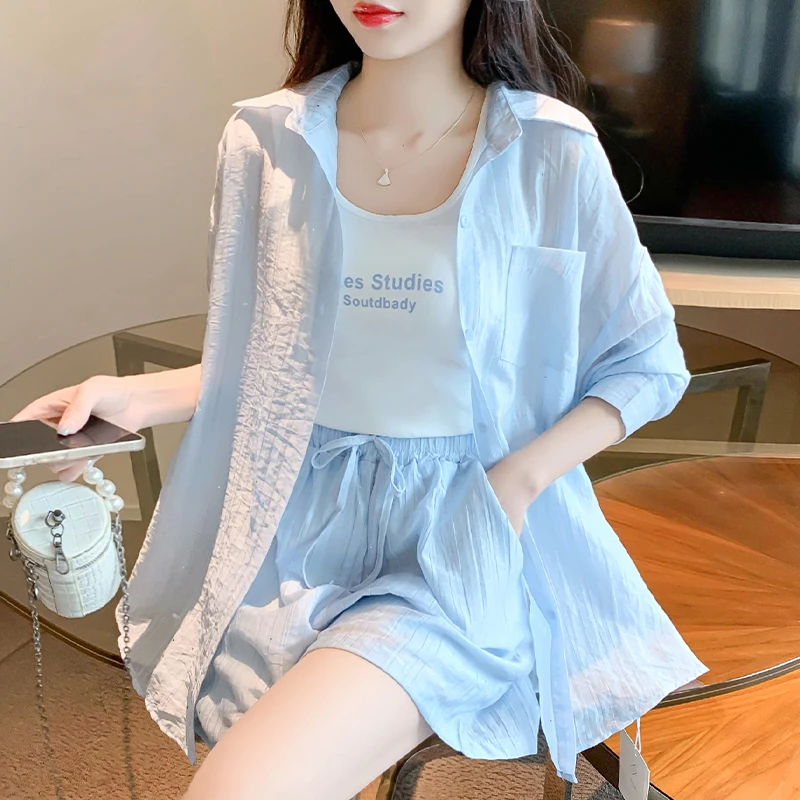 夏装搭配一整套防晒衣衬衫套装女2025新款休闲衬衣吊带短裤三件套
