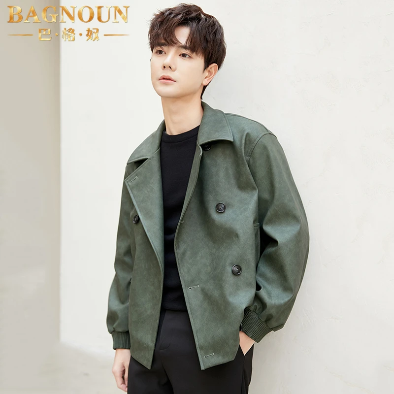 巴格奴皮衣男士春秋季新款时尚高端复古翻领中年爸爸韩版机车外套