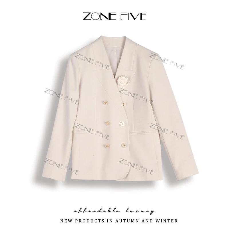 【zonefive】白色无领西装外套2025春款气质双排扣时尚西服轻奢