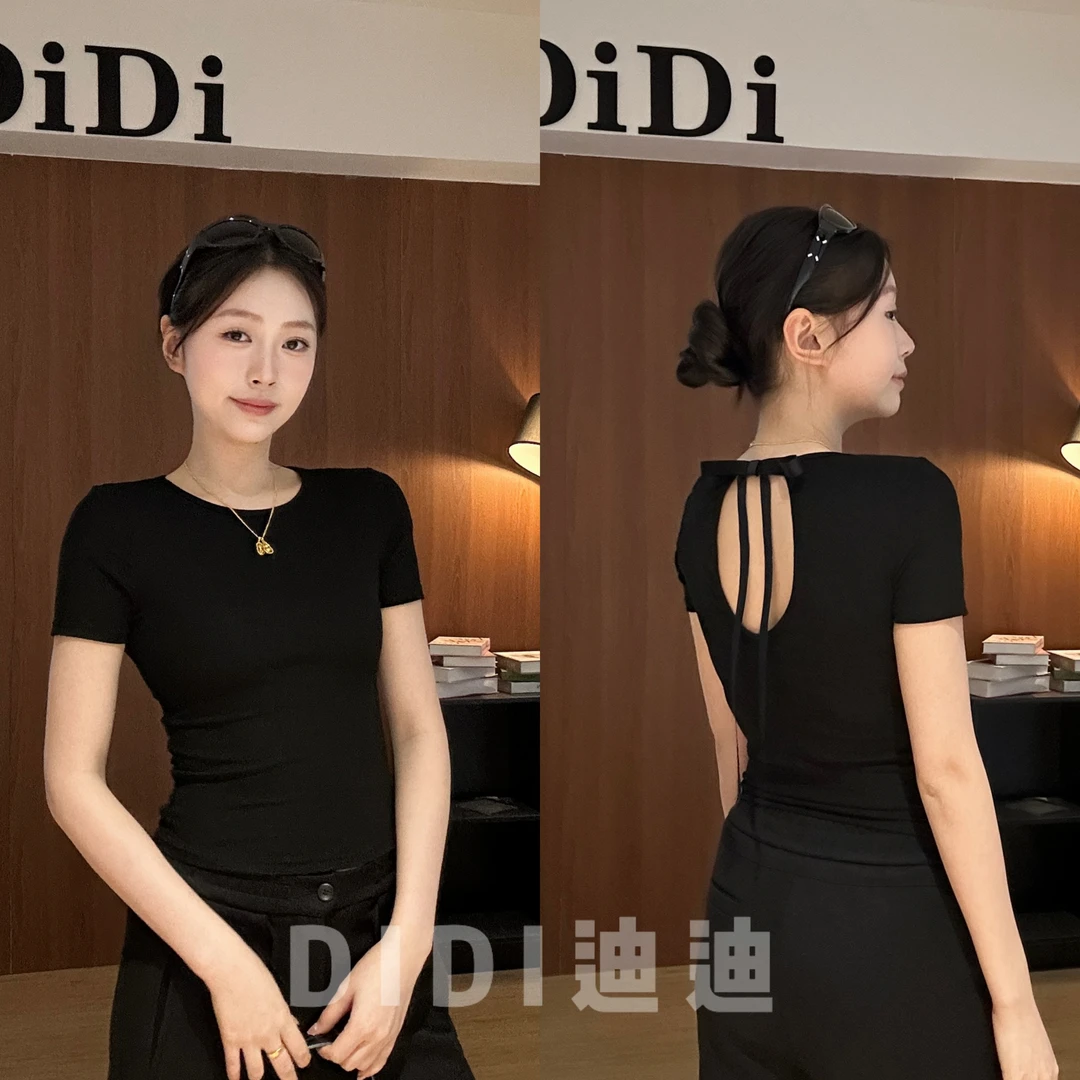 【DIDI】时髦松弛感蝴蝶结露背修身短款T恤显瘦正肩上衣