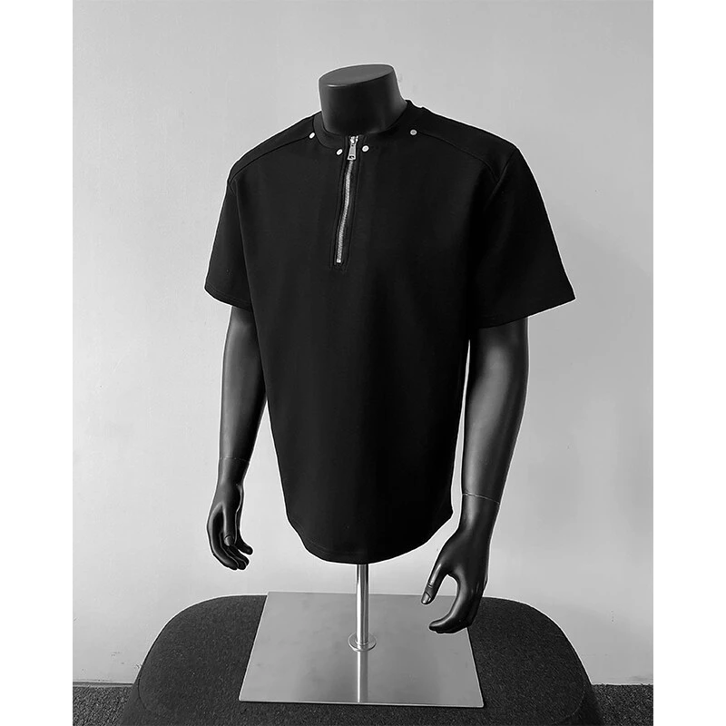 重磅太空棉半拉链短袖t恤男款夏季美式高街潮牌高级感五分半袖ins