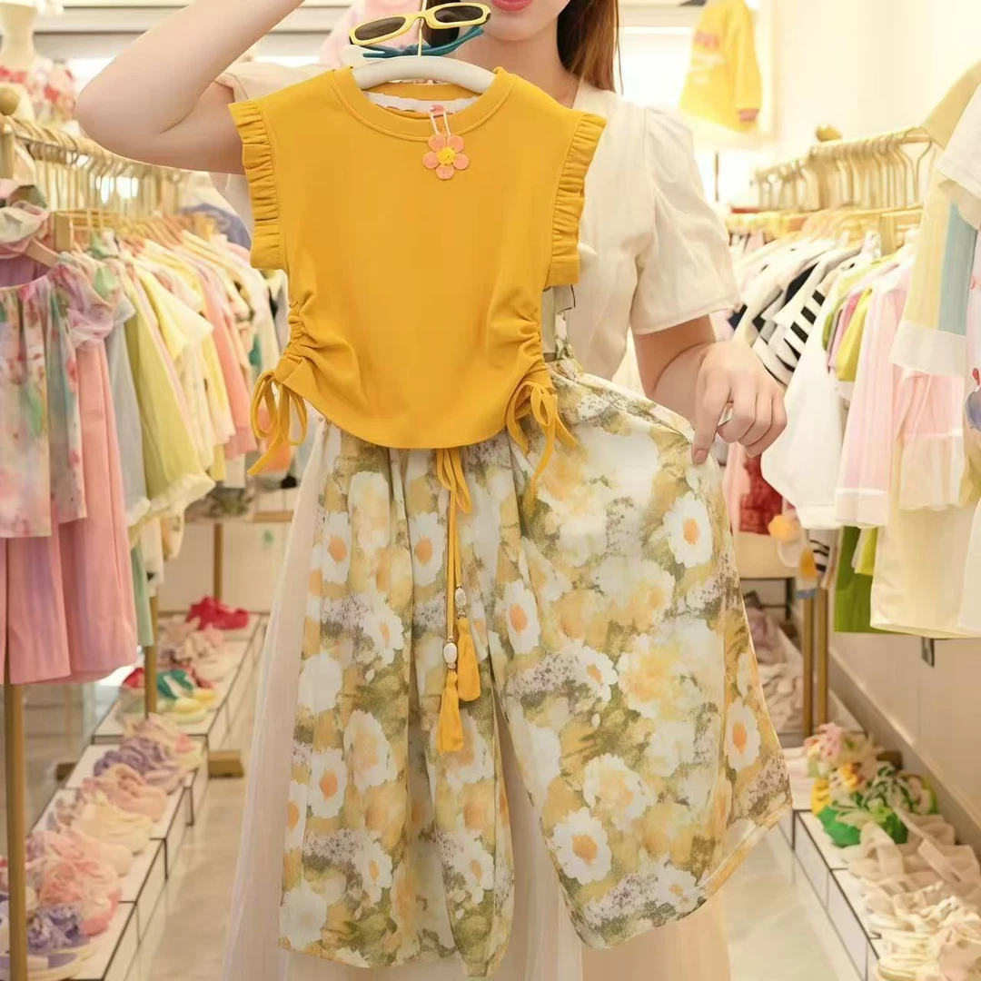 【拾栖童装】韩系套装高级感穿搭夏季2025新款儿童小飞袖阔腿裤夏装