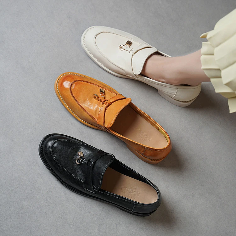 水洗马皮乐福鞋女懒人英伦风小皮鞋2025新款时尚一脚蹬平底单鞋子