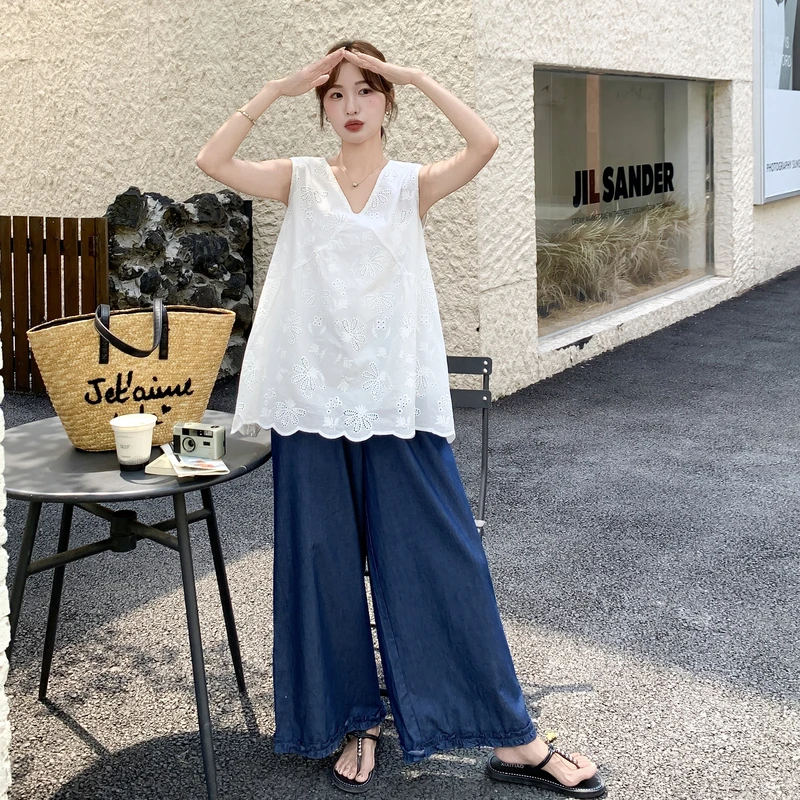 米白色牛仔休闲女夏季2025新中式显瘦防晒衫上衣阔腿裤套装韩版