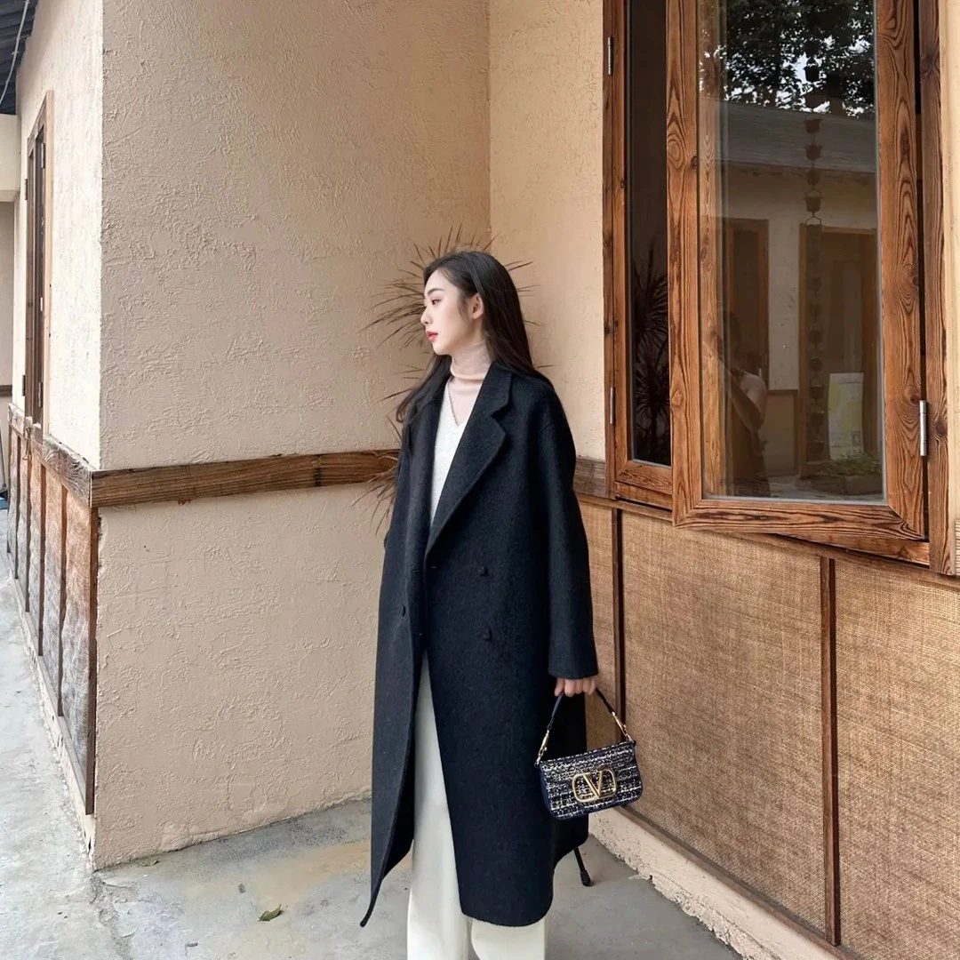 【长款】四粒黑色秋冬韩版大衣高端手缝宽松150小个子宽松羊毛大衣