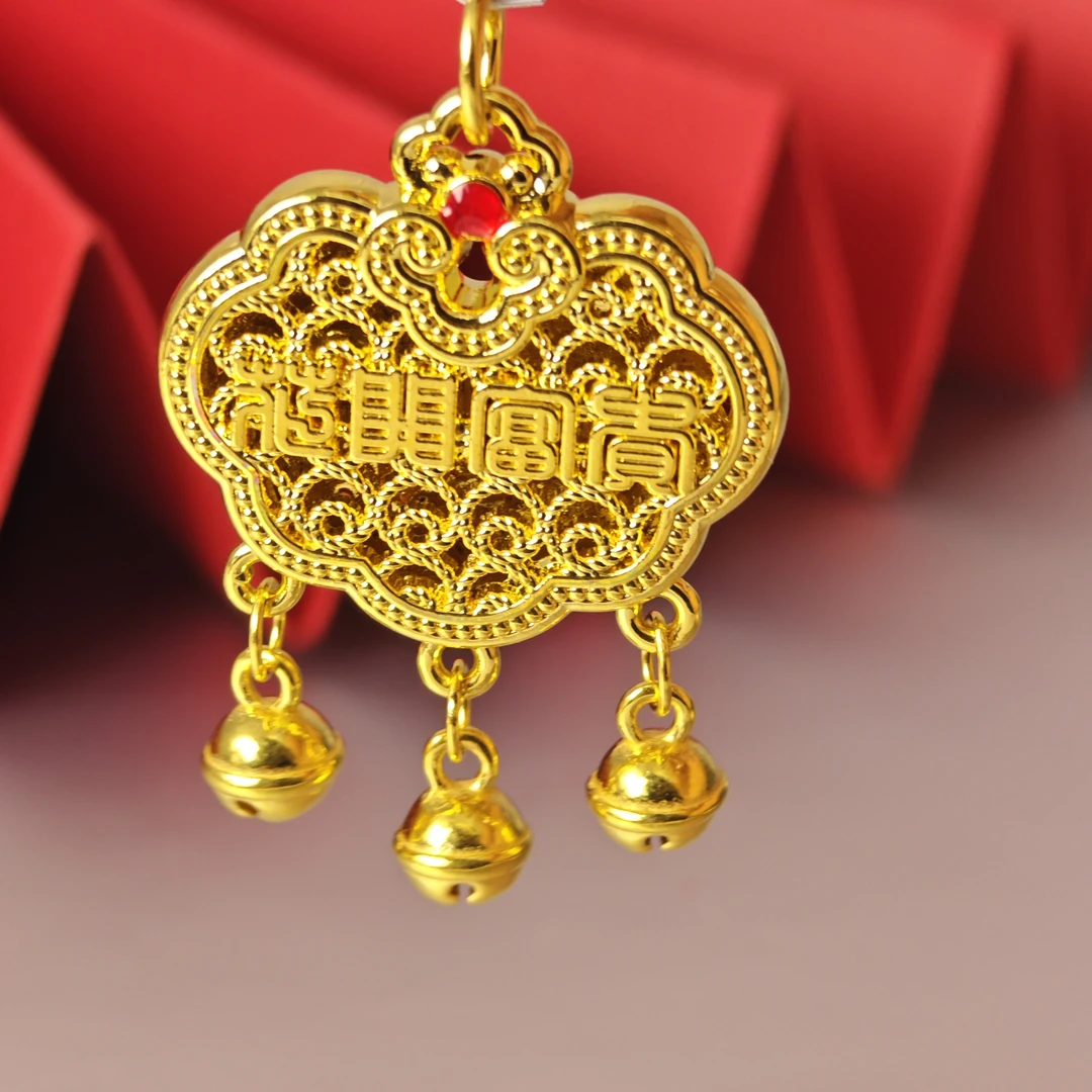 姐妹黄金 花开富贵珐琅彩铃铛流苏黄金吊坠精致祥云锁双面