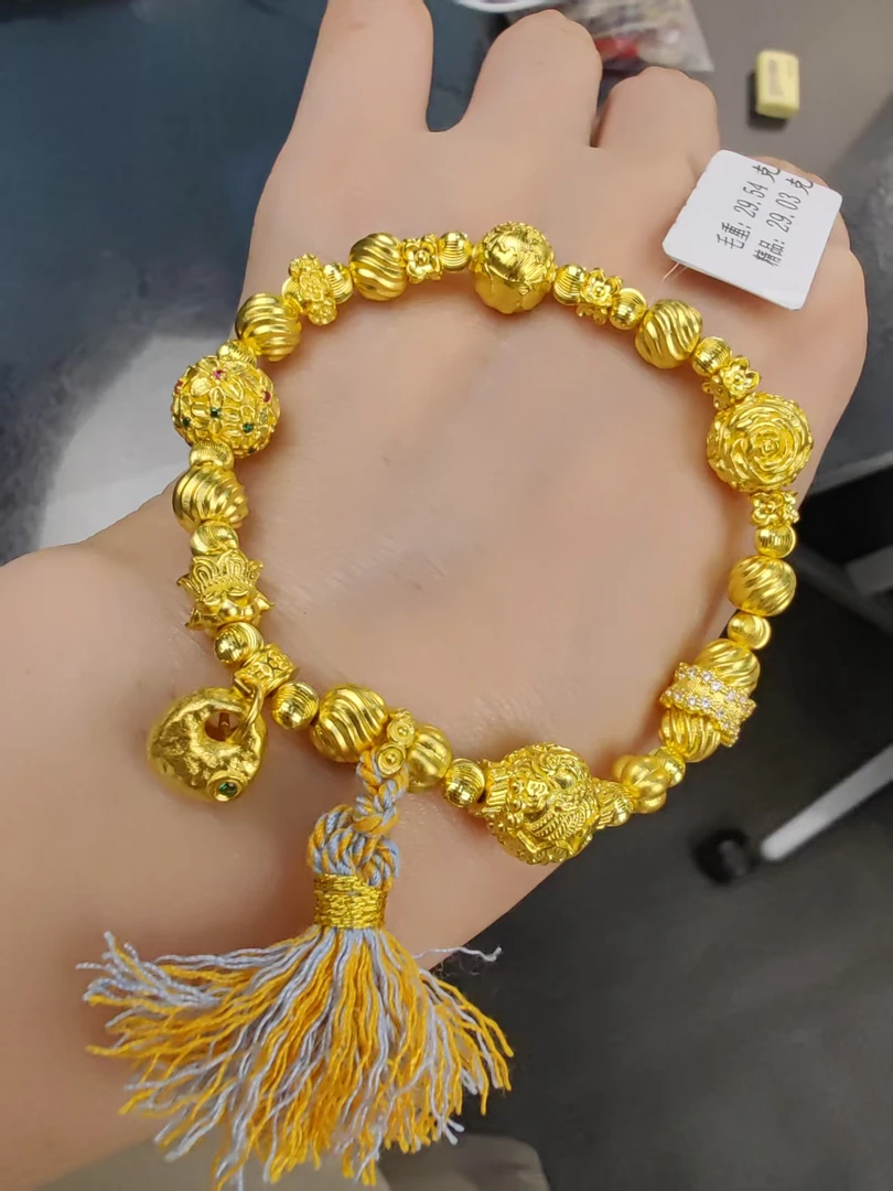 嘉盈珠宝 足金999古法经典百搭牡丹玫瑰繁花凤珠小胖福手串