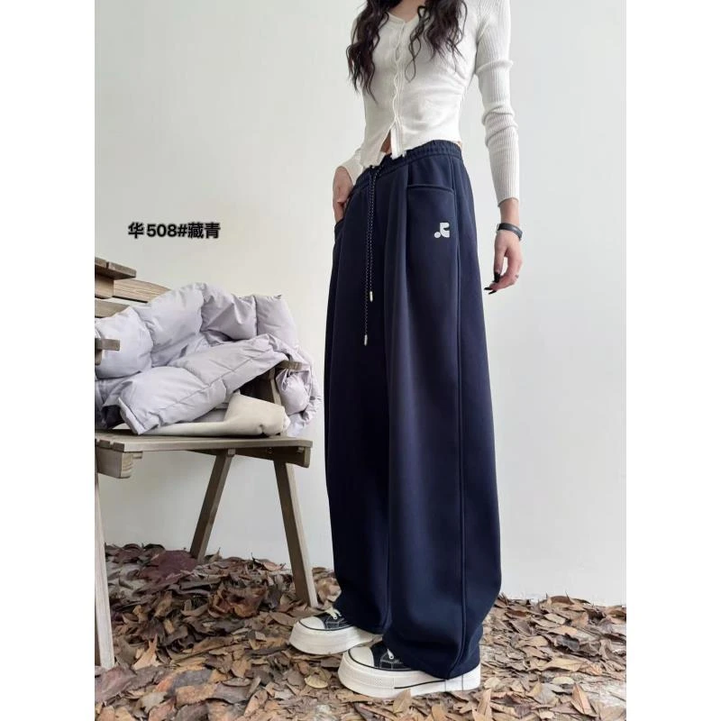 韩系~高腰藏青刺绣口袋休闲裤时尚长裤百搭阔腿裤秋冬508