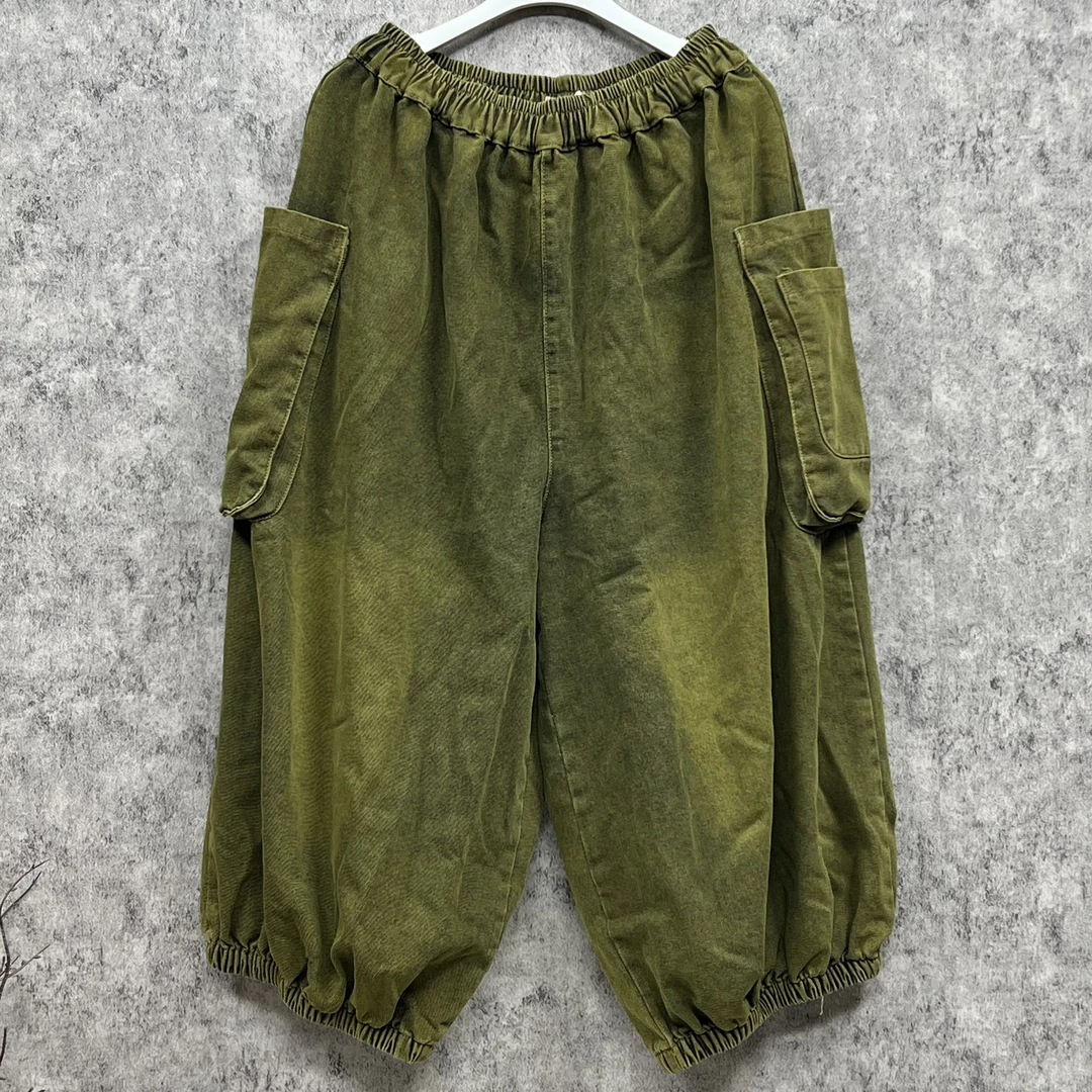 垂感大口袋牛仔棉休闲工装裤做旧炒色2025春季新款松紧腰宽松百搭