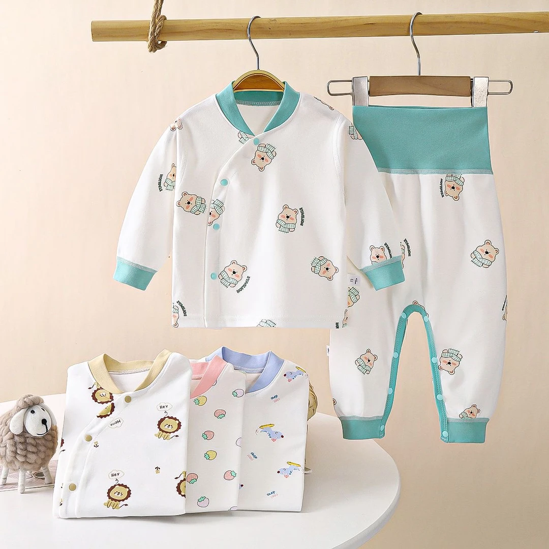 新生儿宝宝分体套装纯棉无骨长袖免脱高腰护肚裤春秋打底秋衣秋裤