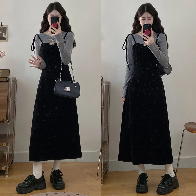 大码胖mm秋季新款法式黑色蝴蝶假两件连衣裙拼色丝绒气质长裙女