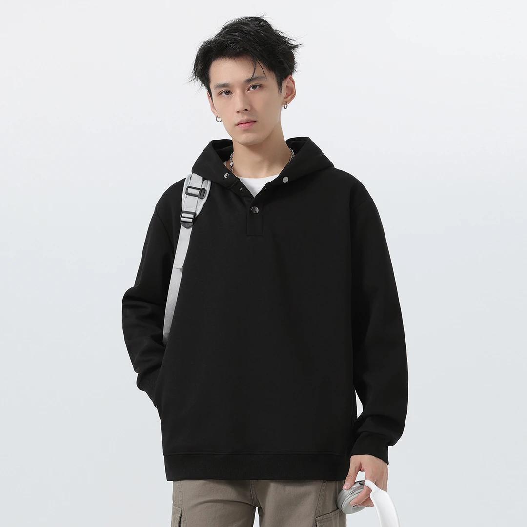 浅灰色亨利领正肩连帽卫衣男款秋季500g重磅连帽衫美式高级感外套