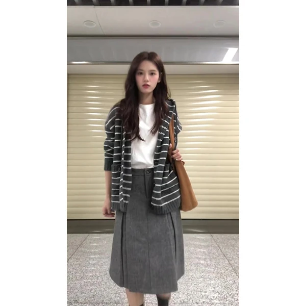 韩系慵懒风连帽条纹针织开衫女装秋季百搭中长款毛衣外套裙子套装