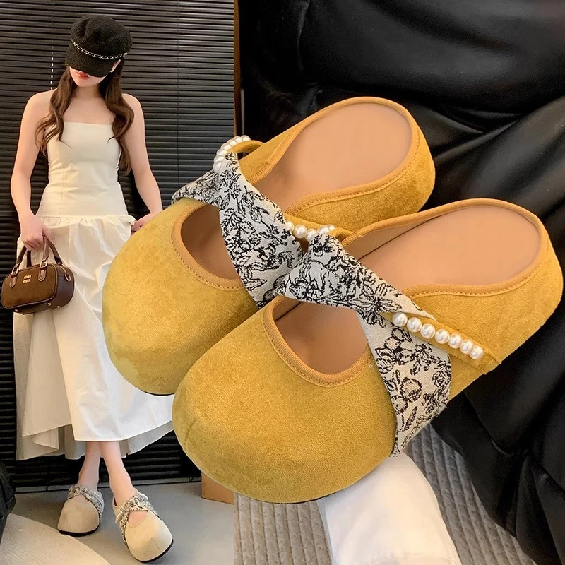 珍珠厚底内增高一脚蹬勃肯鞋子玛丽珍包头半拖鞋女2025春夏季外穿